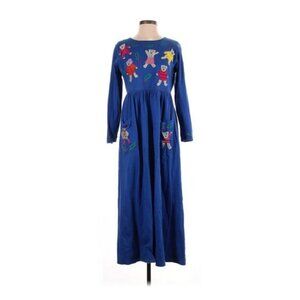MICHAEL SIMON Lite Blue Cotton Teddy Bear Embroidered Long Sleeve Maxi Dress S